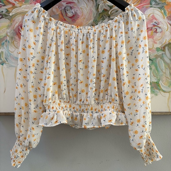 Helen Owen x AQUA Floral Smocked Crop Blouse Yellow White Size S - Picture 8 of 9
